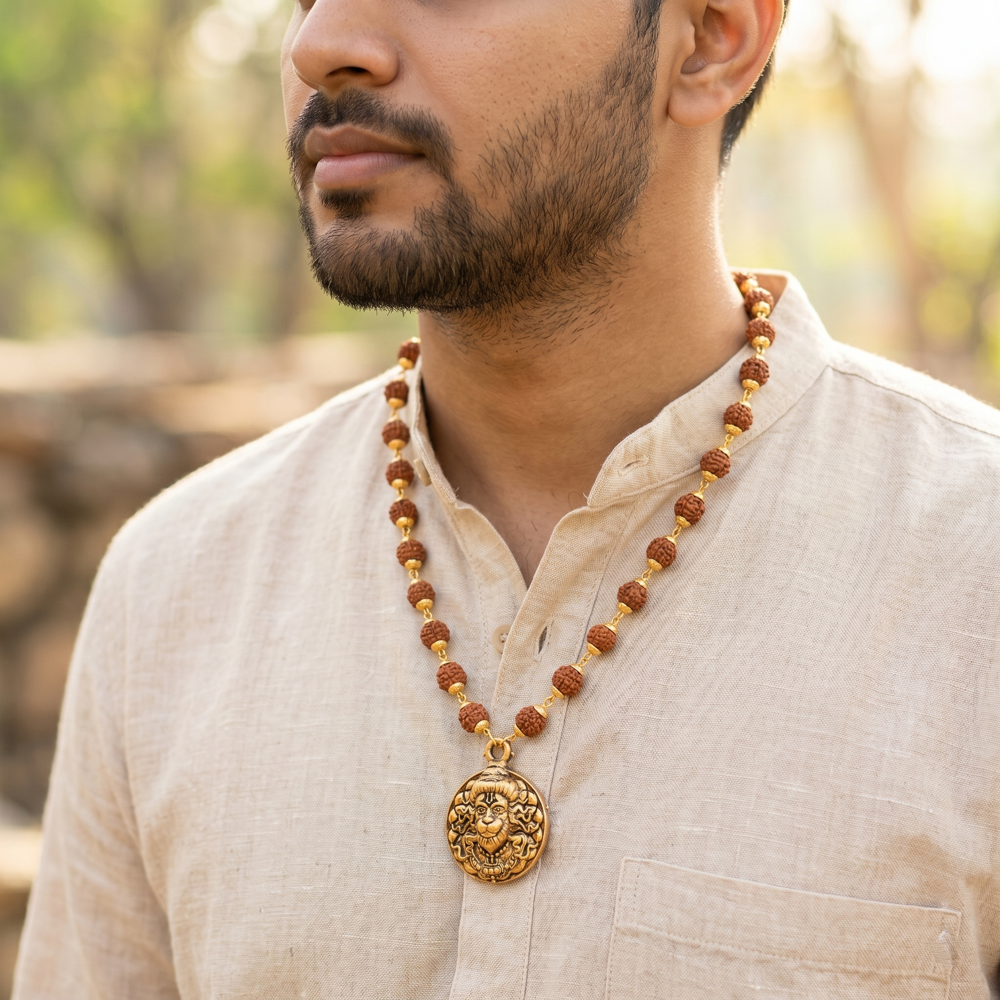 Golden Capped Rudraksha Mala with Hanuman Ji Face Round Pendant
