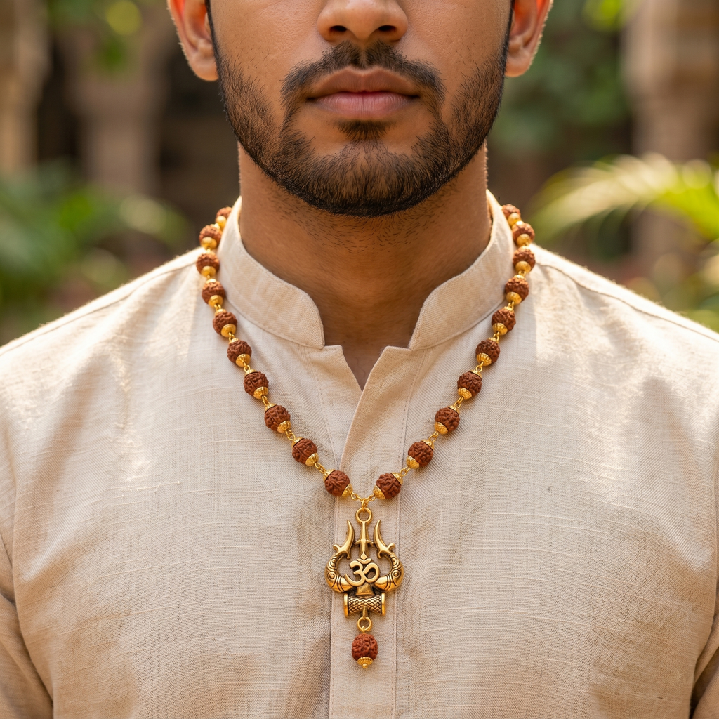 Golden Rudraksha (10mm) Om trishul mala