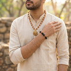 Golden Capped Rudraksha Mala with Hanuman Ji Face Round Pendant & Karungali Damru Bracelet Combo
