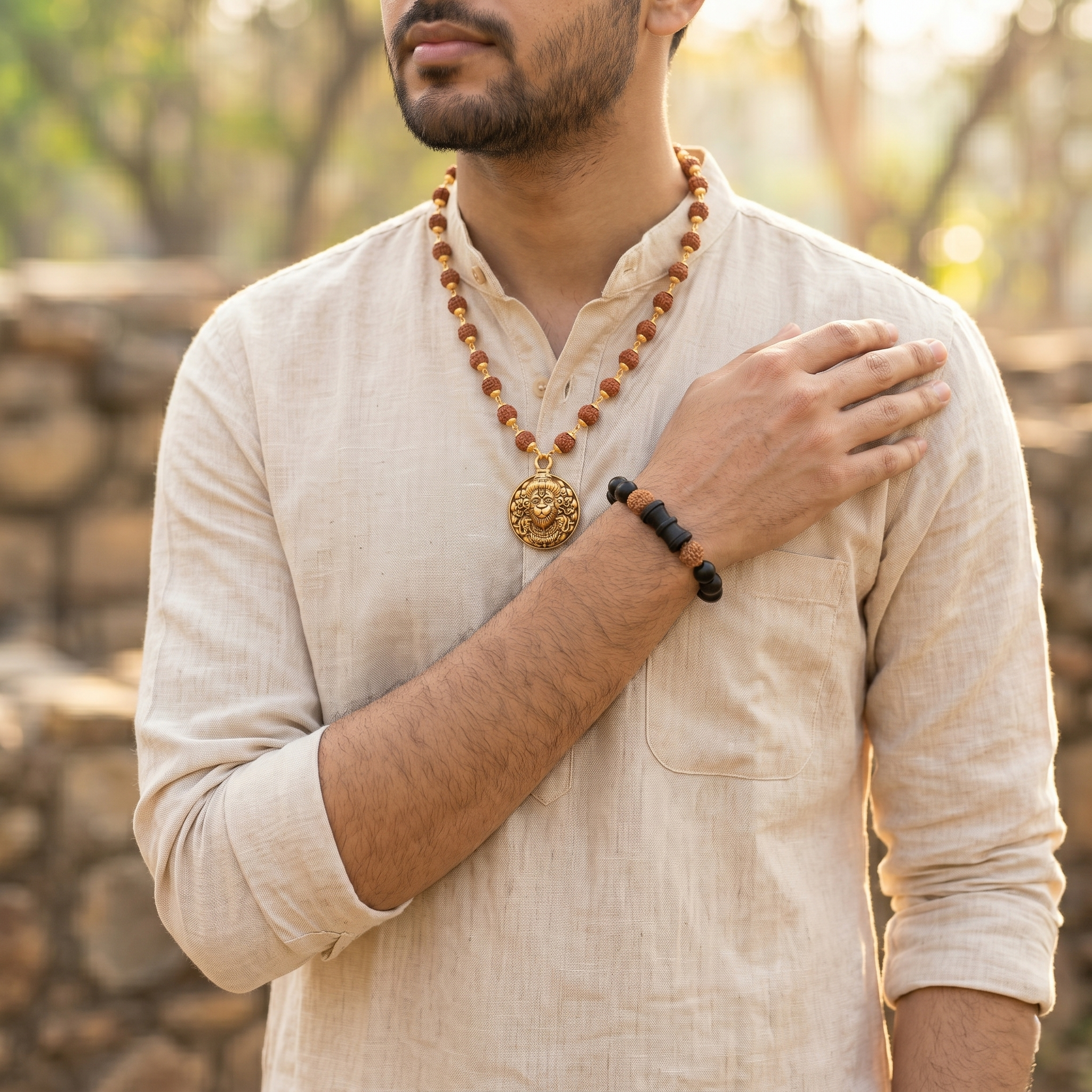 Golden Capped Rudraksha Mala with Hanuman Ji Face Round Pendant & Karungali Damru Bracelet Combo