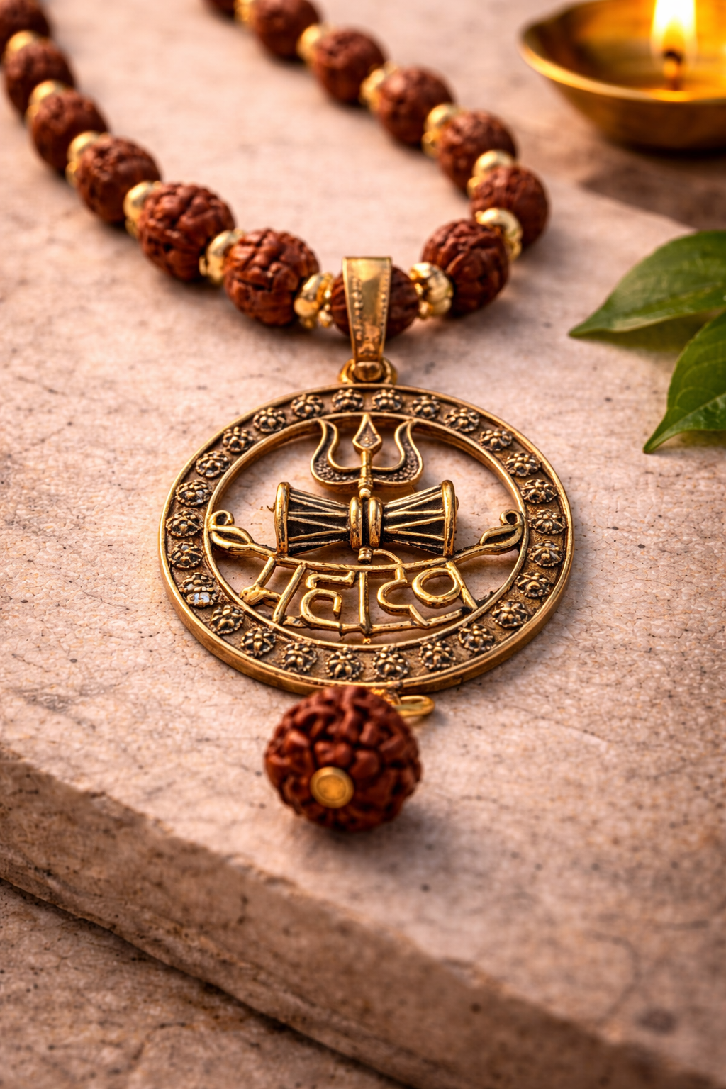 Golden Capped Rudraksha Mala with Mahadev Trishul Damru Round Pendent
