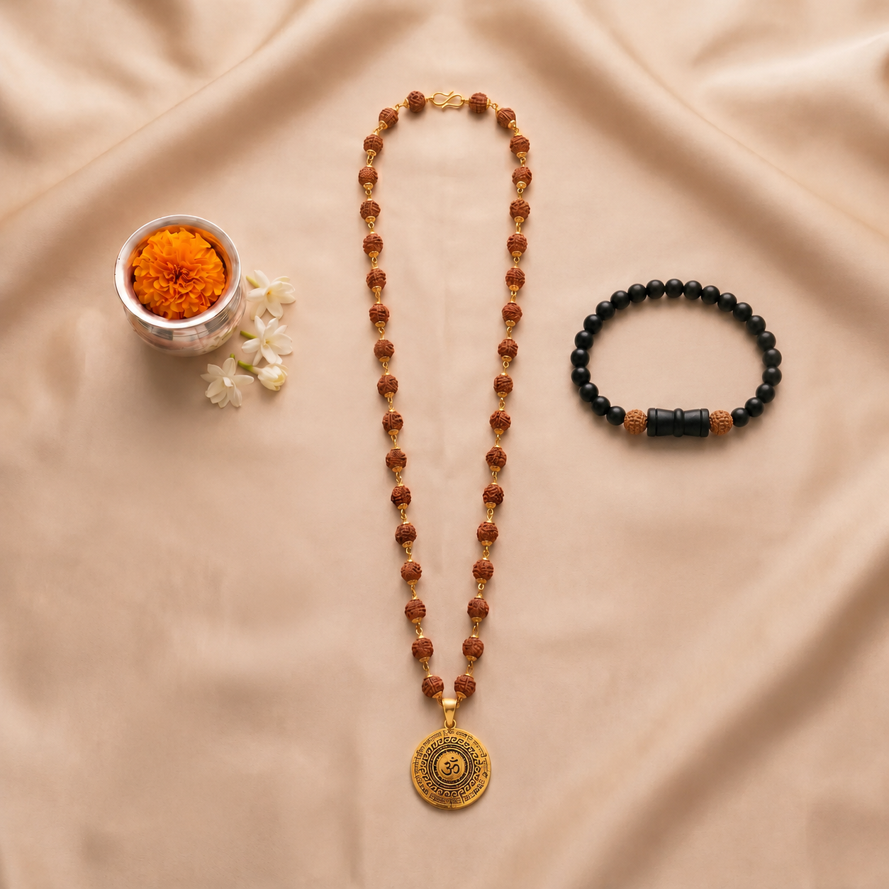 Golden Capped Rudraksha Mala with Om Mahamrityunjaya Pendant & Karungali Damru Bracelet Combo