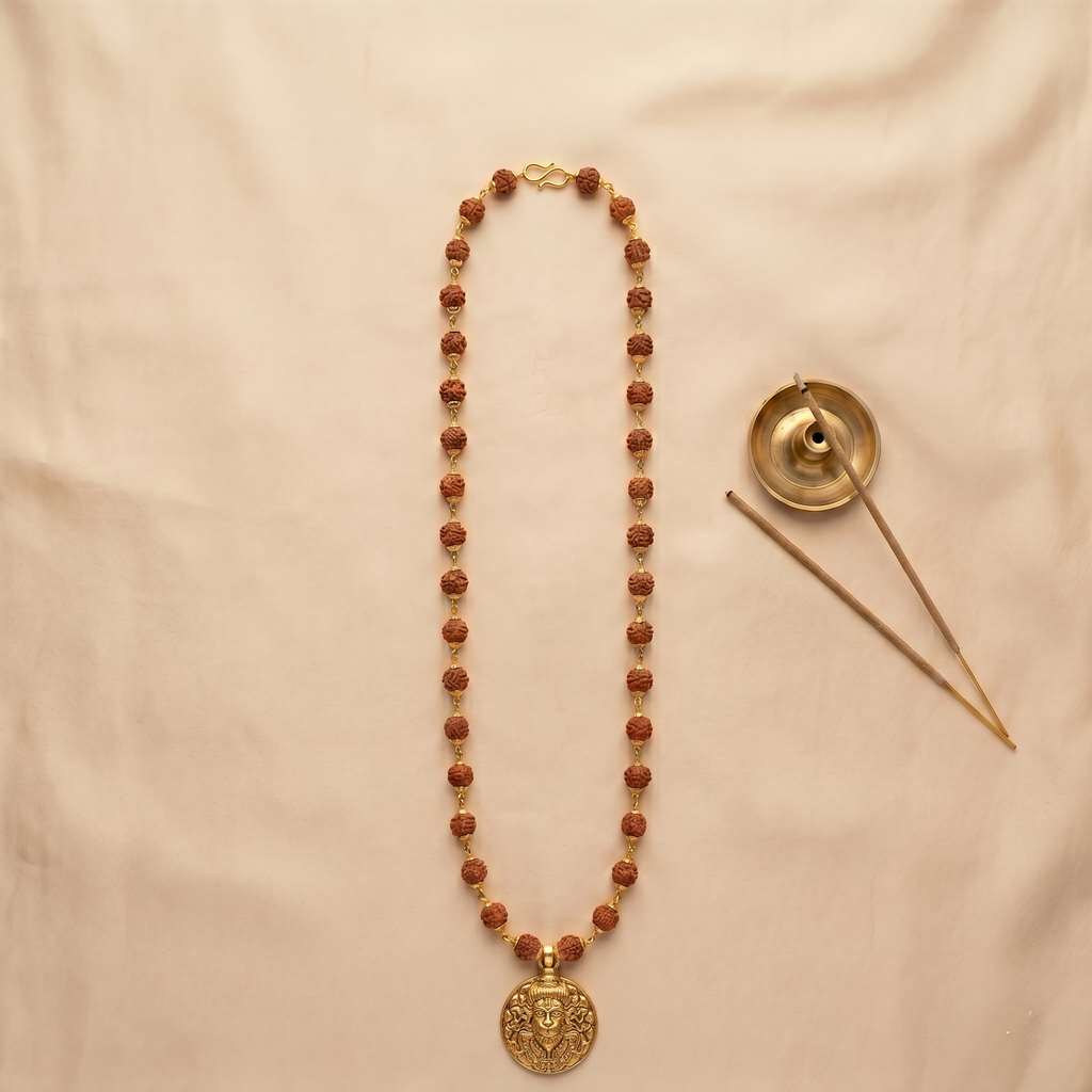 Golden Capped Rudraksha Mala with Hanuman Ji Face Round Pendant