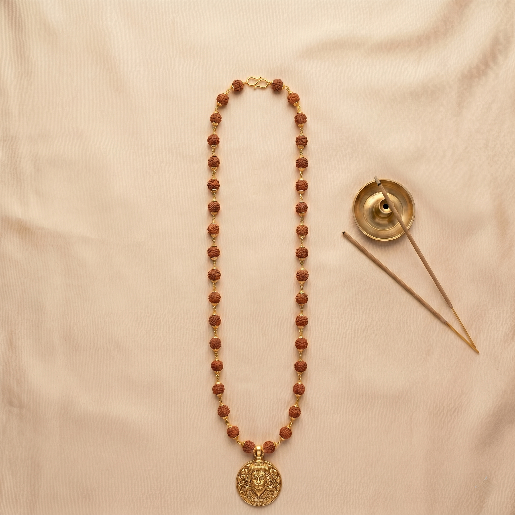 Golden Capped Rudraksha Mala with Hanuman Ji Face Round Pendant