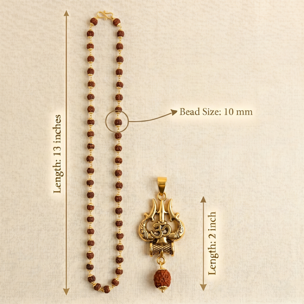 Golden Rudraksha (10mm) Om trishul mala