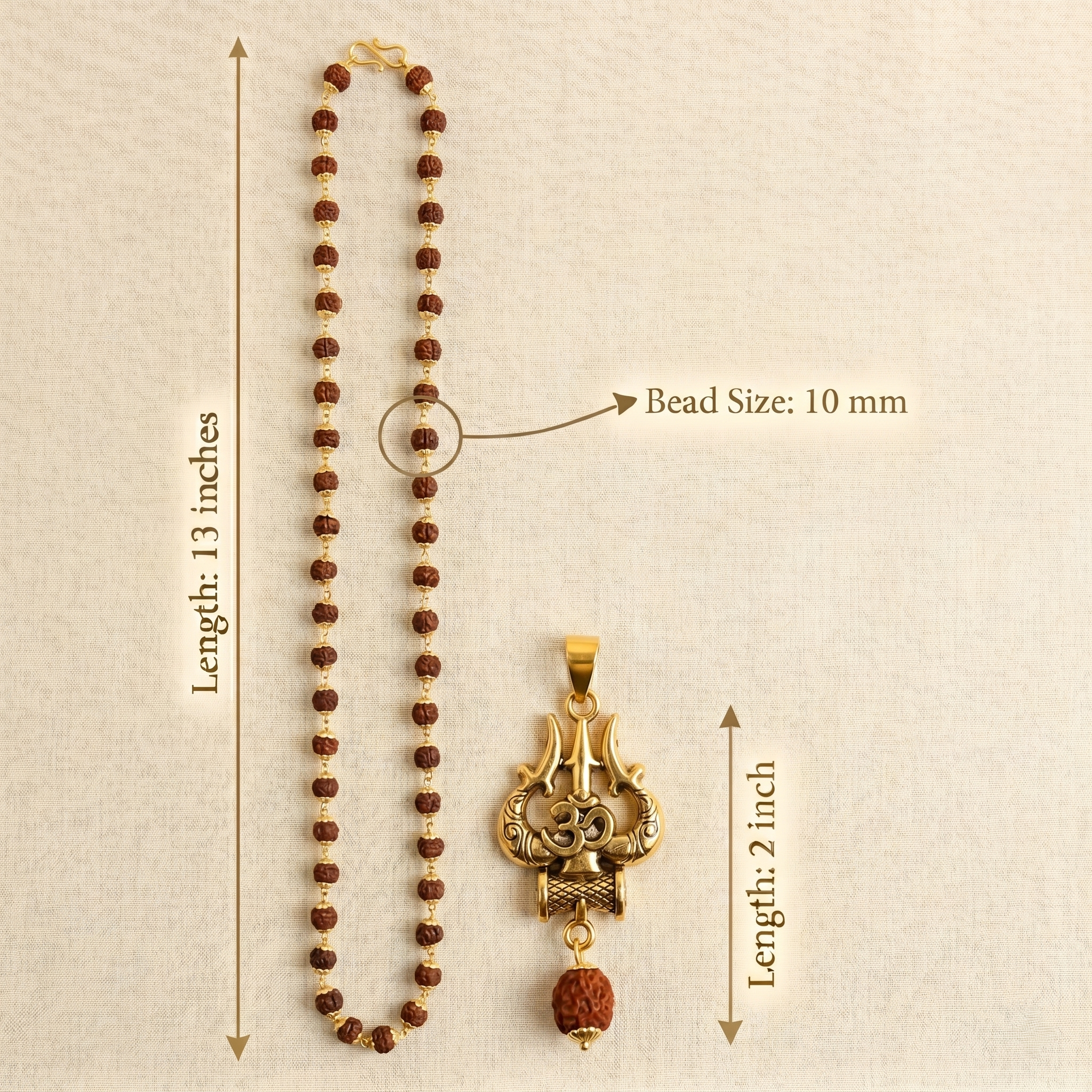 Golden Rudraksha (10mm) Om trishul mala