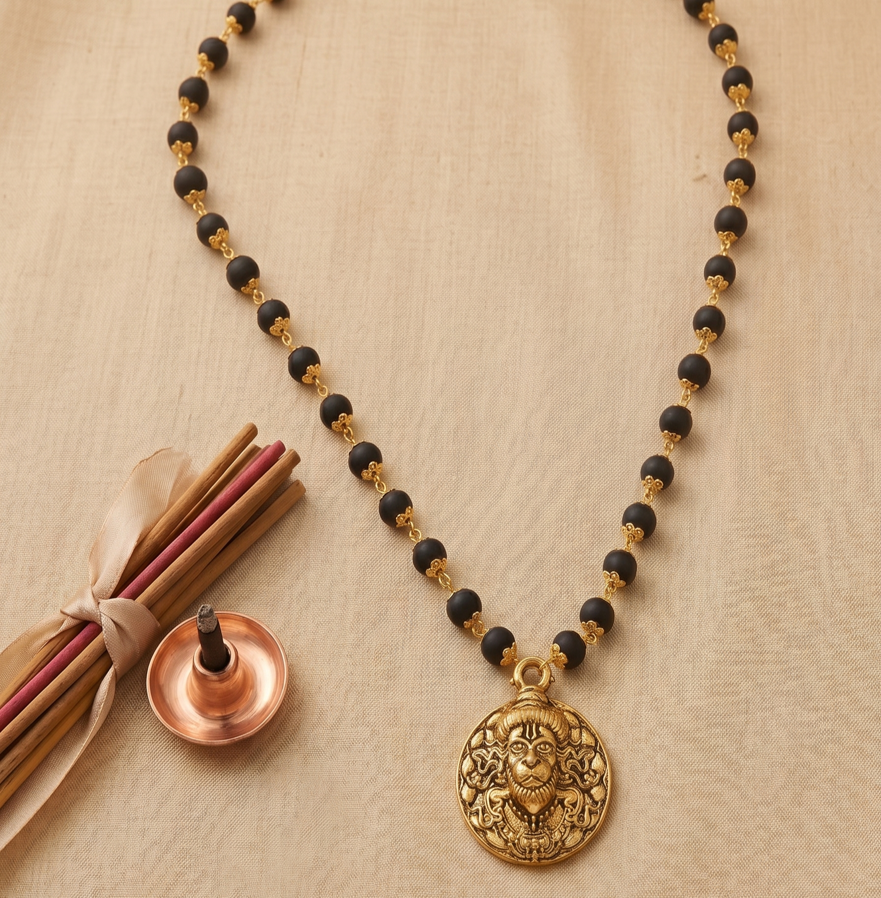 Karungali Gold Capped Mala with Hanuman Ji Face Round Gold Pendant