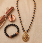 Karungali Gold Capped Mala with Hanuman Ji Face Round Gold Pendant & Karungali Damru Bracelet Combo
