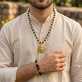 Karungali Gold Capped Mala with Hanuman Ji Face Round Gold Pendant & Karungali Damru Bracelet Combo