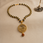 Karungali Gold Capped Mala with Mahadev Trishul Damru Round Gold Pendant