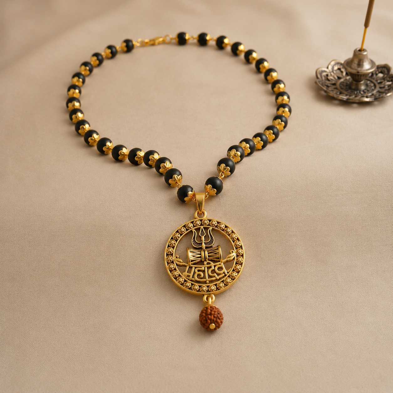 Karungali Gold Capped Mala with Mahadev Trishul Damru Round Gold Pendant