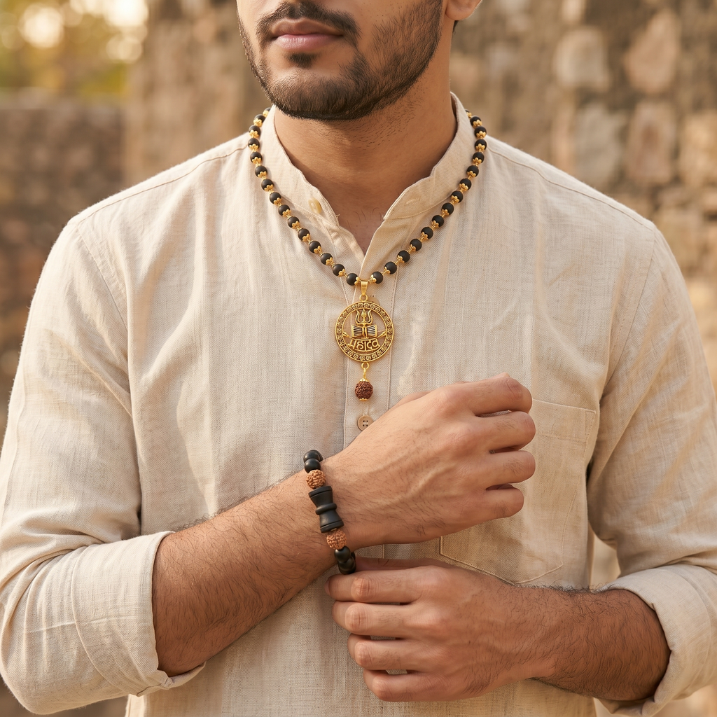 Karungali Gold Capped Mala with Mahadev Trishul Damru Round Gold Pendant & Karungali Damru Bracelet Combo