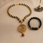 Karungali Gold Capped Mala with Mahadev Trishul Damru Round Gold Pendant & Karungali Damru Bracelet Combo