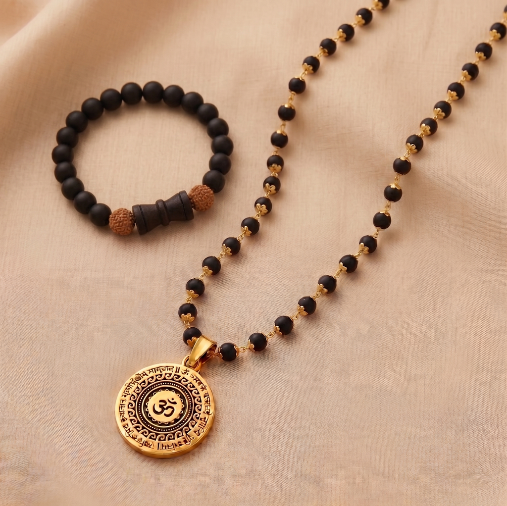 Karungali Gold Capped Mala with Om Mahamrityunjaya Pendant & Karungali Damru Bracelet Combo