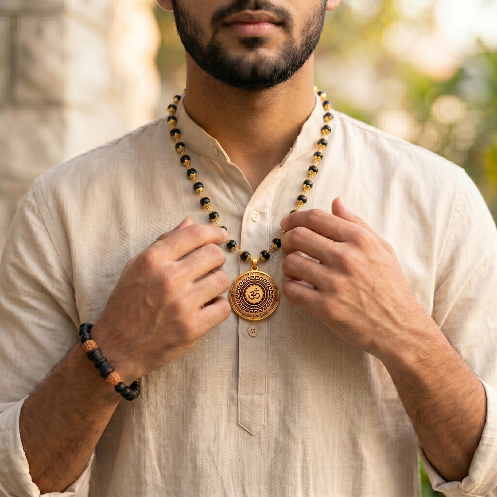Karungali Gold Capped Mala with Om Mahamrityunjaya Pendant & Karungali Damru Bracelet Combo