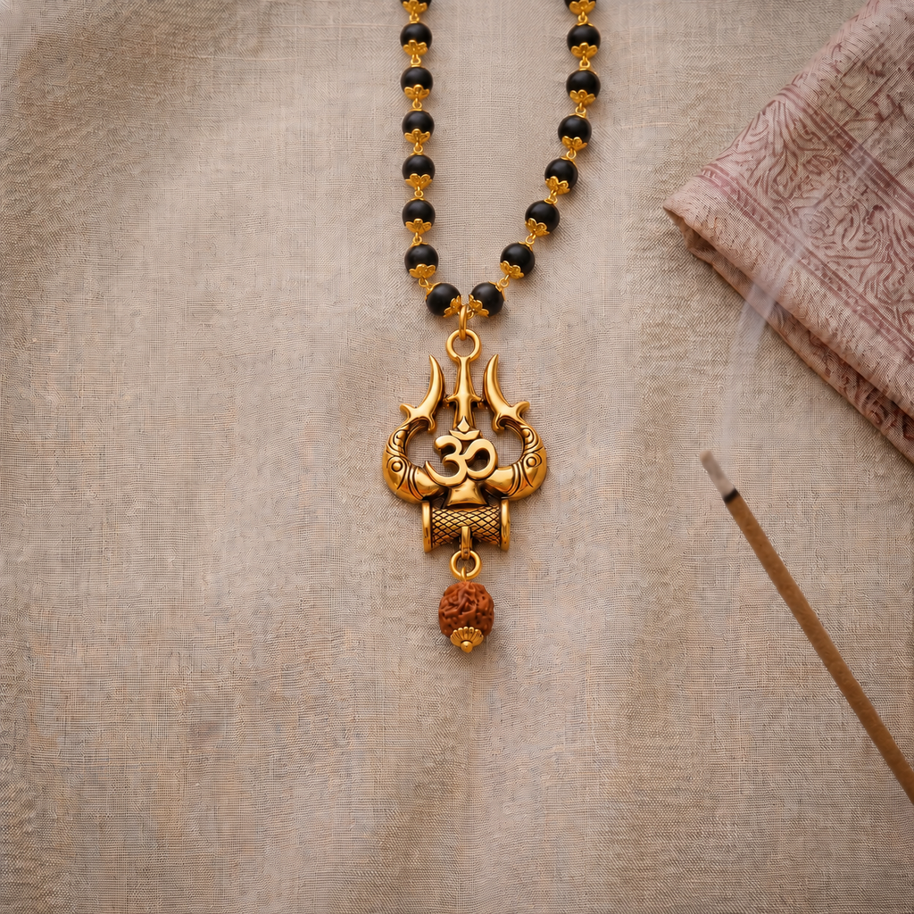 Karungali Gold Capped Mala with Om Trishul Gold Pendant