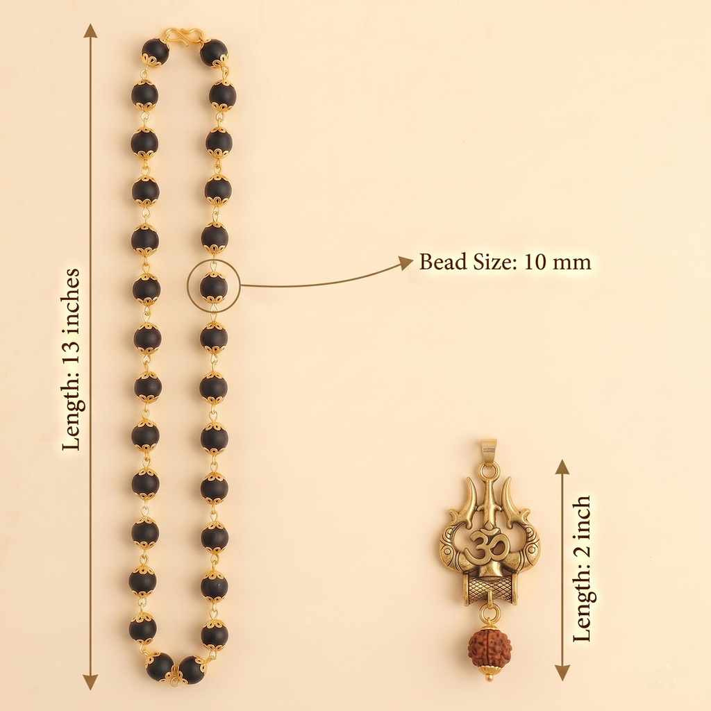 Karungali Gold Capped Mala with Om Trishul Gold Pendant