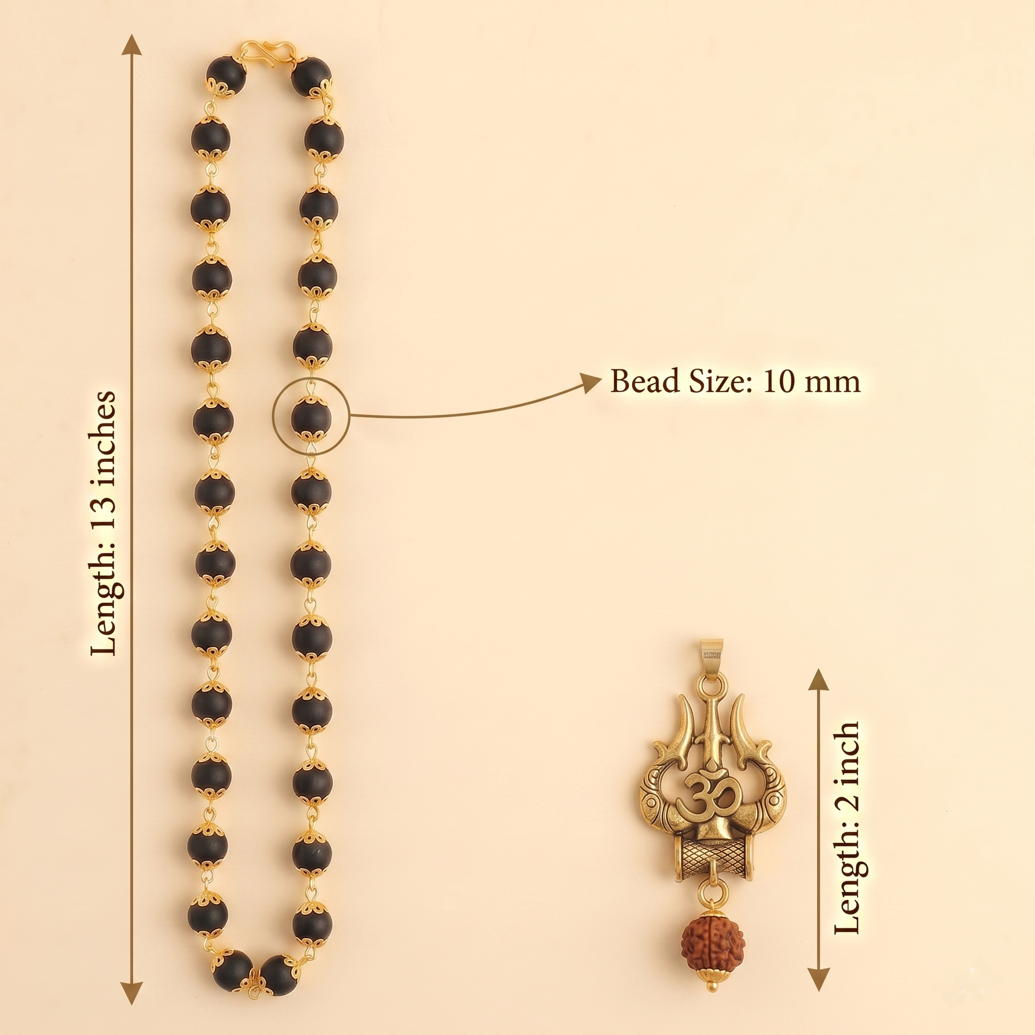 Karungali Gold Capped Mala with Om Trishul Gold Pendant & Karungali Damru Bracelet Combo