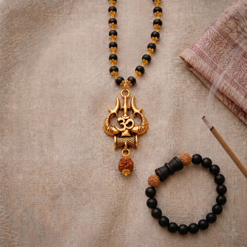 Karungali Gold Capped Mala with Om Trishul Gold Pendant & Karungali Damru Bracelet Combo