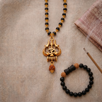 Karungali Gold Capped Mala with Om Trishul Gold Pendant & Karungali Damru Bracelet Combo