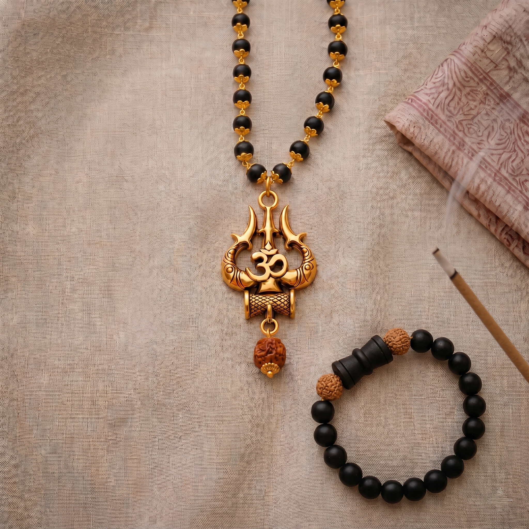Karungali Gold Capped Mala with Om Trishul Gold Pendant & Karungali Damru Bracelet Combo