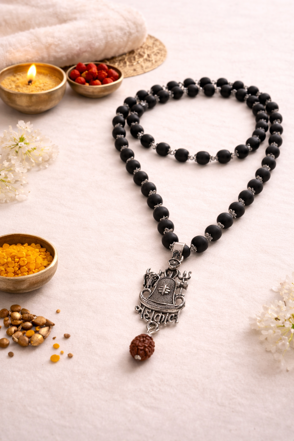 Silver Capped Karungali Mala with Linga Mahakal Pendant (Lab Certified)