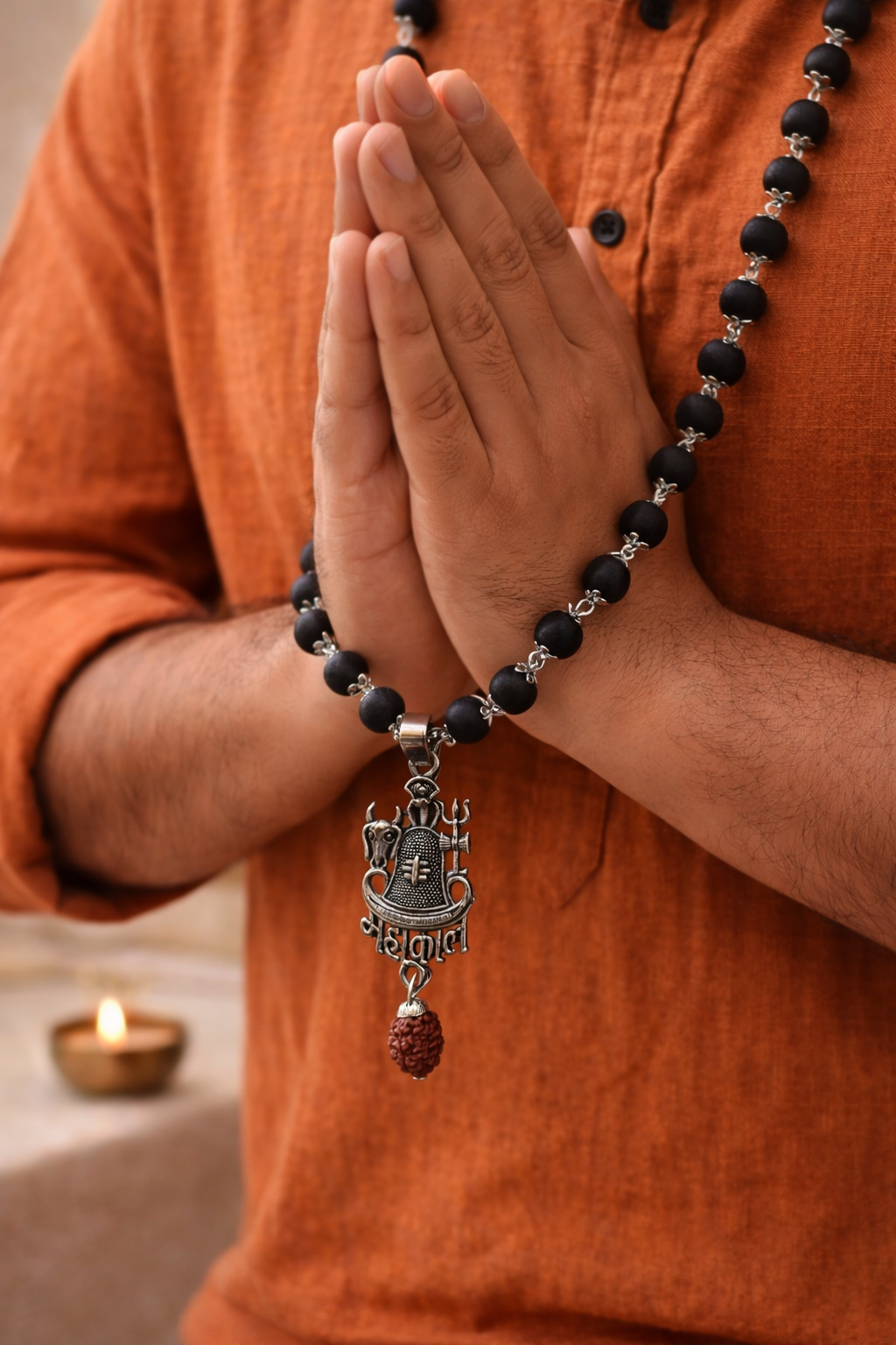 Silver Capped Karungali Mala with Linga Mahakal Pendant (Lab Certified)
