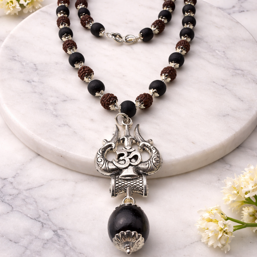 KARUDRA Shield Silver  - Premium Silver Capped Karungali Rudra Malai with Om Trishul Karungali Power Pendant