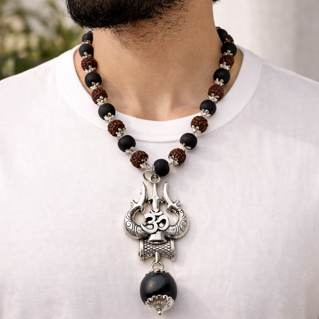 KARUDRA Shield Silver  - Premium Silver Capped Karungali Rudra Malai with Om Trishul Karungali Power Pendant