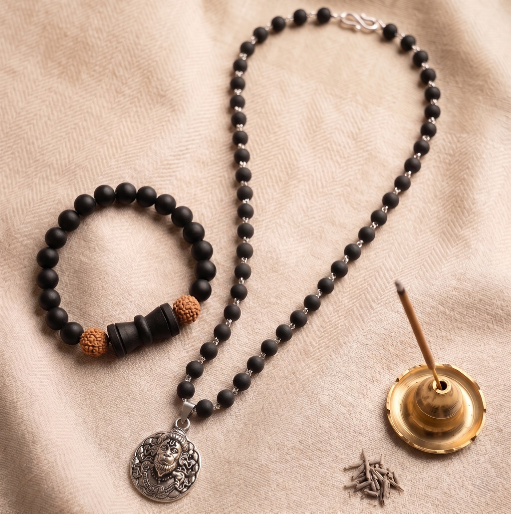 Karungali Silver Capped Mala with Hanuman Ji Face Round Silver Pendant & Karungali Damru Bracelet Combo
