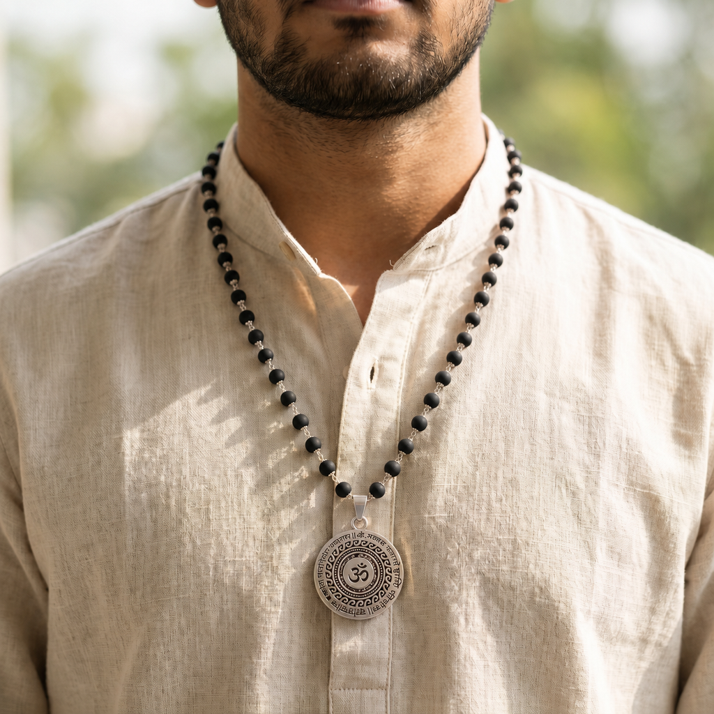 Karungali Silver Capped Mala with Om Mahamrityunjaya Pendant