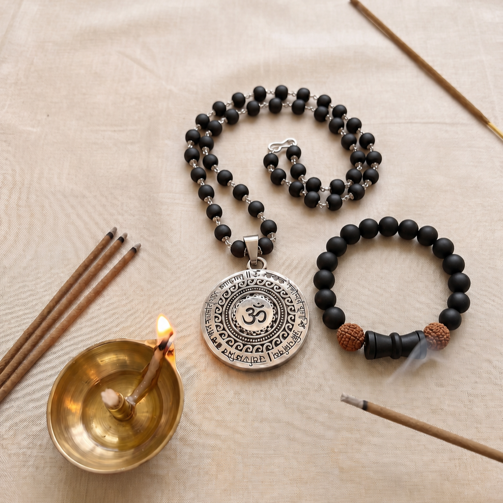 Karungali Silver Capped Mala with Om Mahamrityunjaya Pendant & Karungali Damru Bracelet Combo