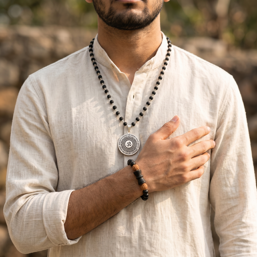 Karungali Silver Capped Mala with Om Mahamrityunjaya Pendant & Karungali Damru Bracelet Combo