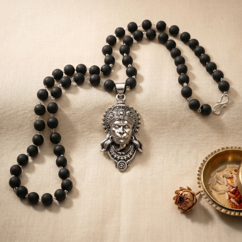 Karungali Silver Capped Mala with Hanuman Ji Face Pendant