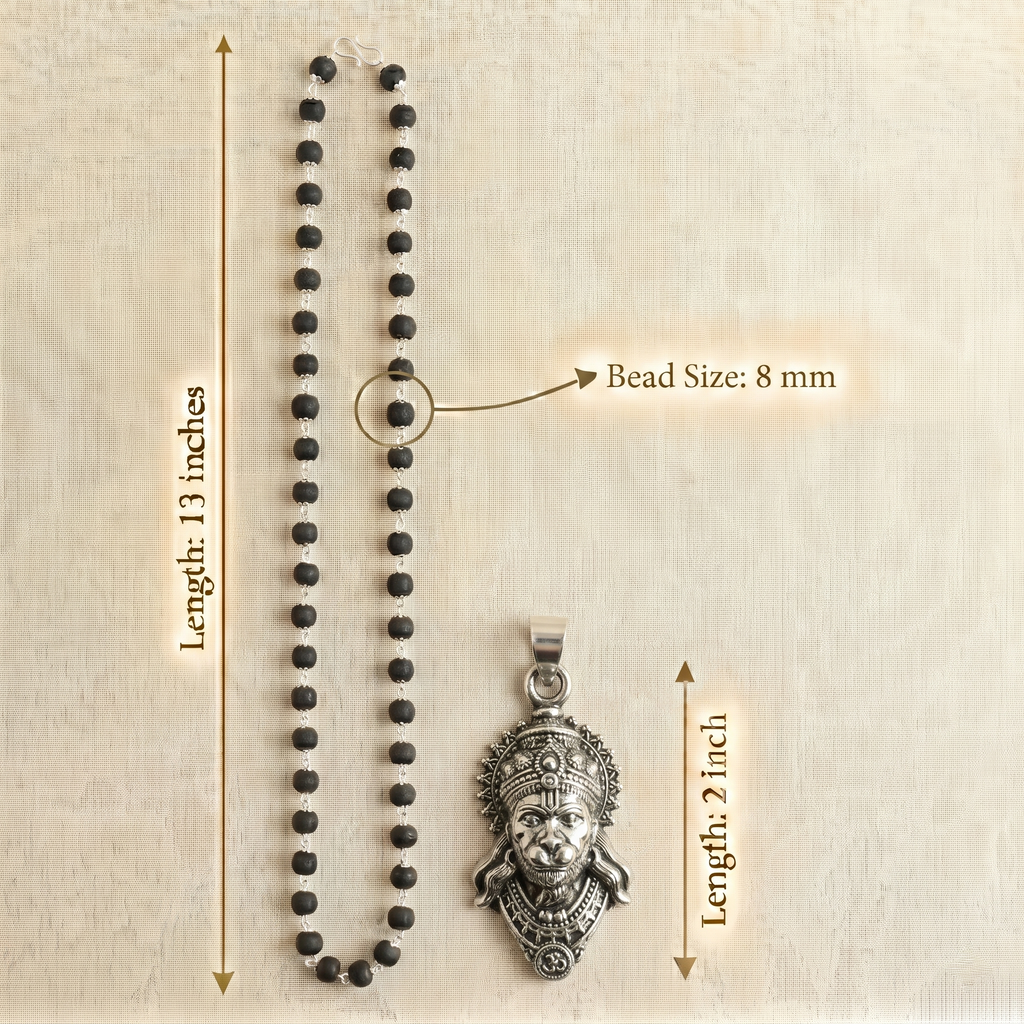 Karungali Silver Capped Mala with Hanuman Ji Face Pendant