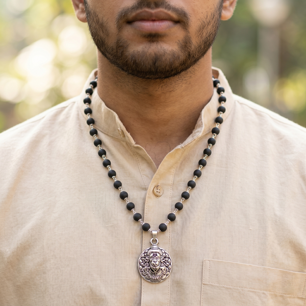 Karungali Silver Capped Mala with Hanuman Ji Face Round Silver Pendant