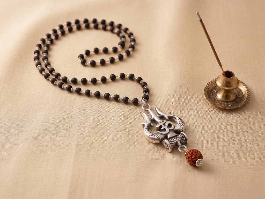Karungali Silver Capped Om Trishul Mala