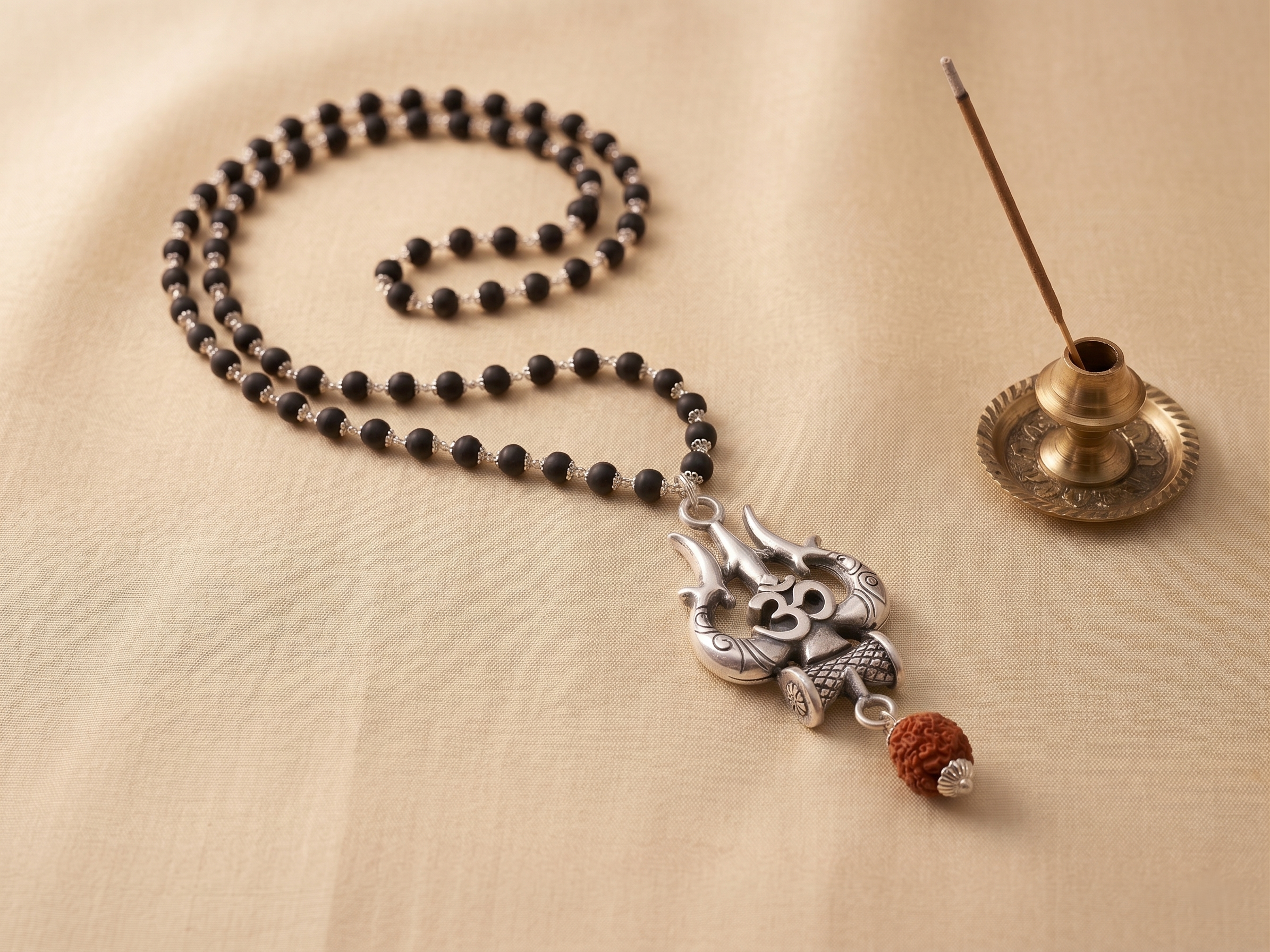 Karungali Silver Capped Om Trishul Mala