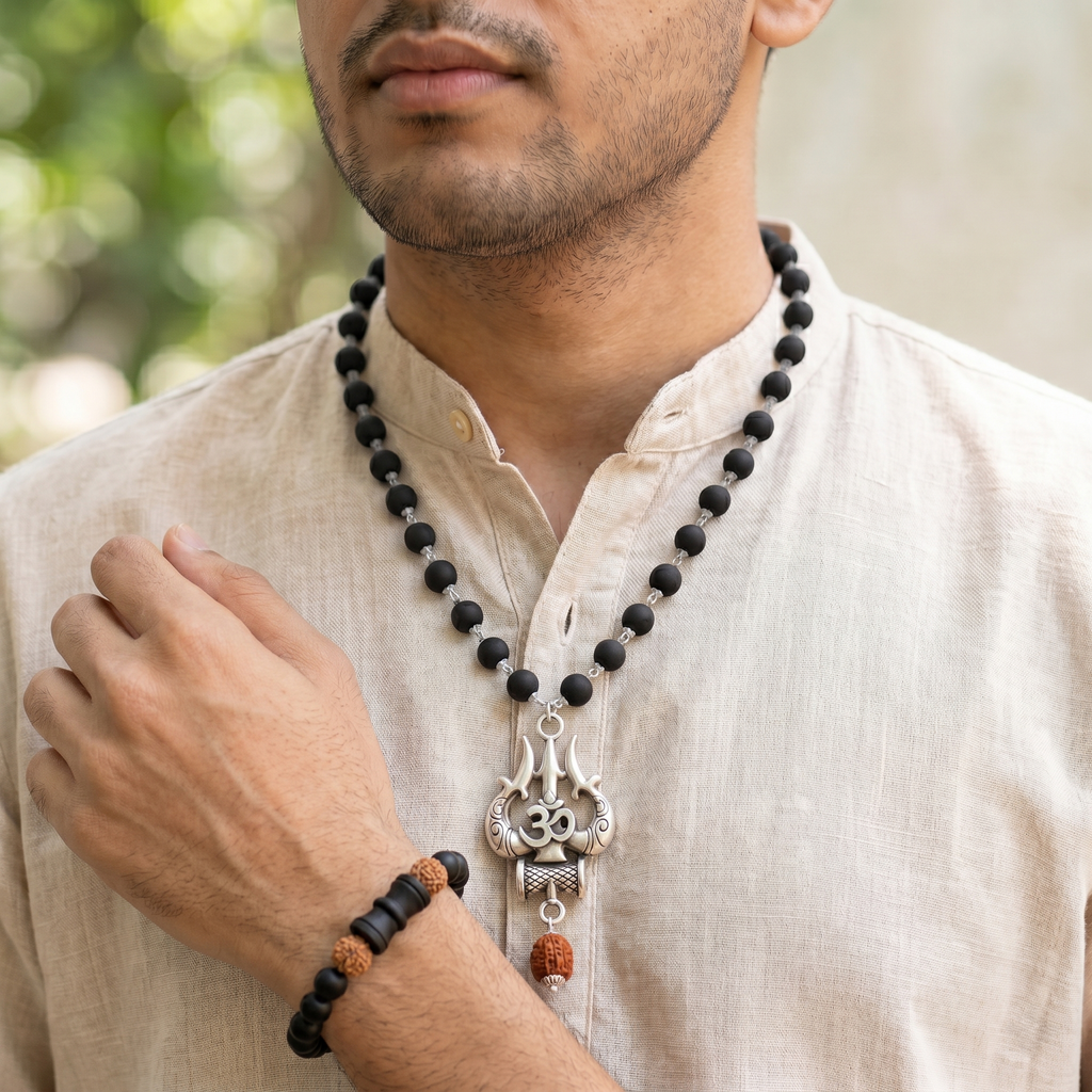 Karungali Silver Capped Om Trishul Mala & Karungali Damru Rudraksha Bracelet Combo