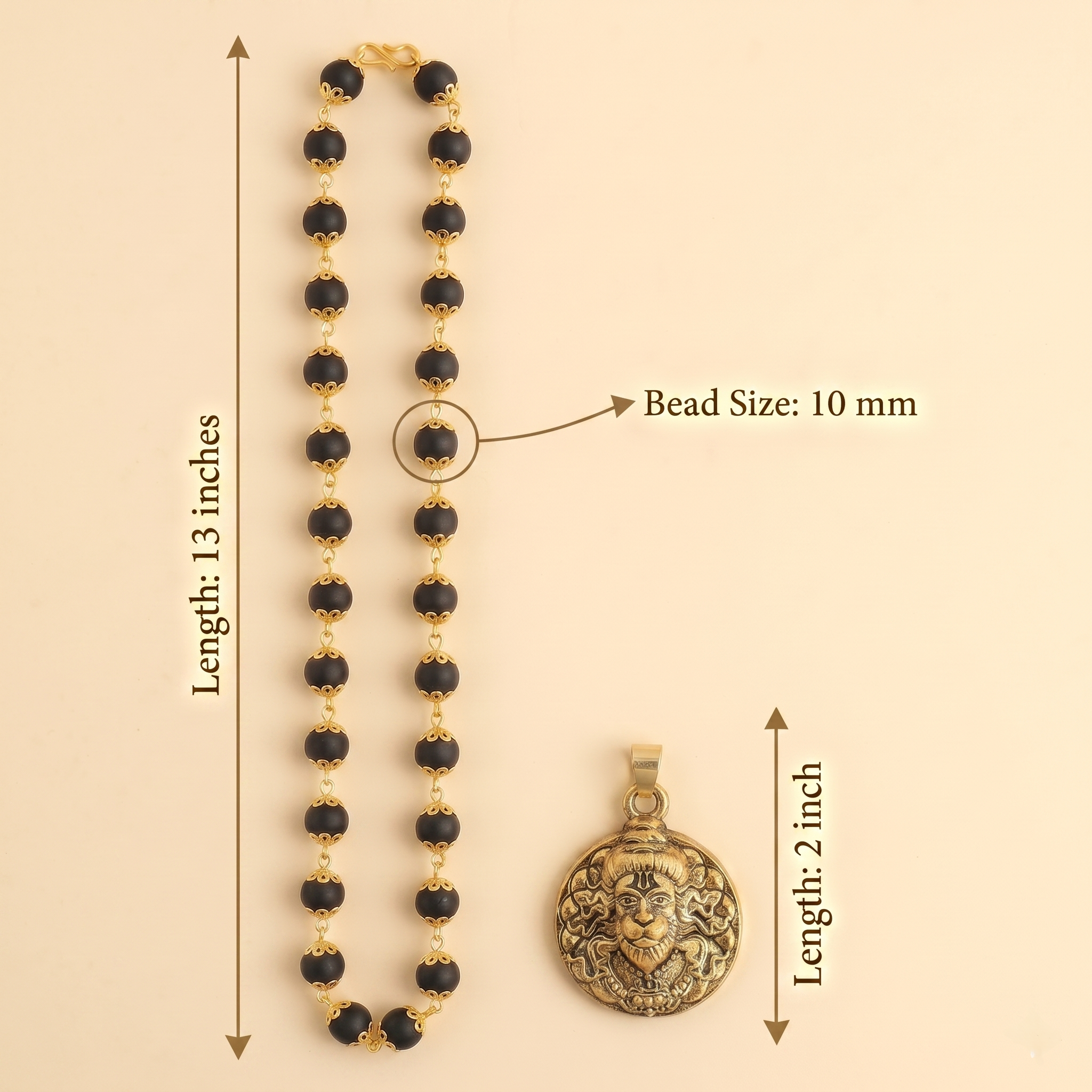Karungali Gold Capped Mala with Hanuman Ji Face Round Gold Pendant & Karungali Damru Bracelet Combo