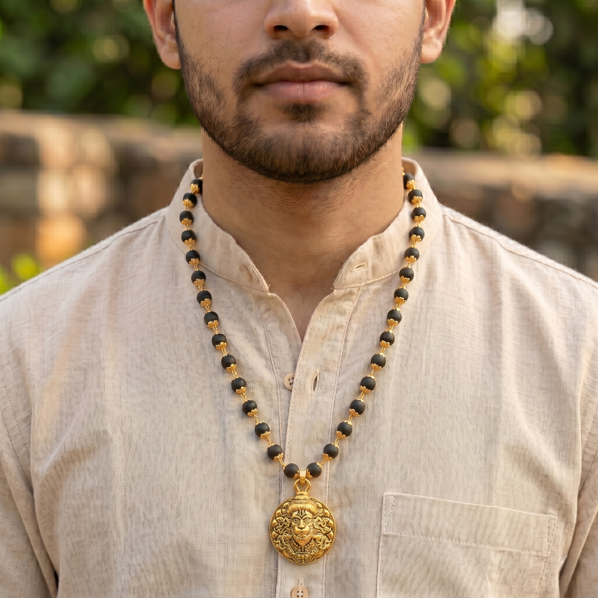 Karungali Gold Capped Mala with Hanuman Ji Face Round Gold Pendant