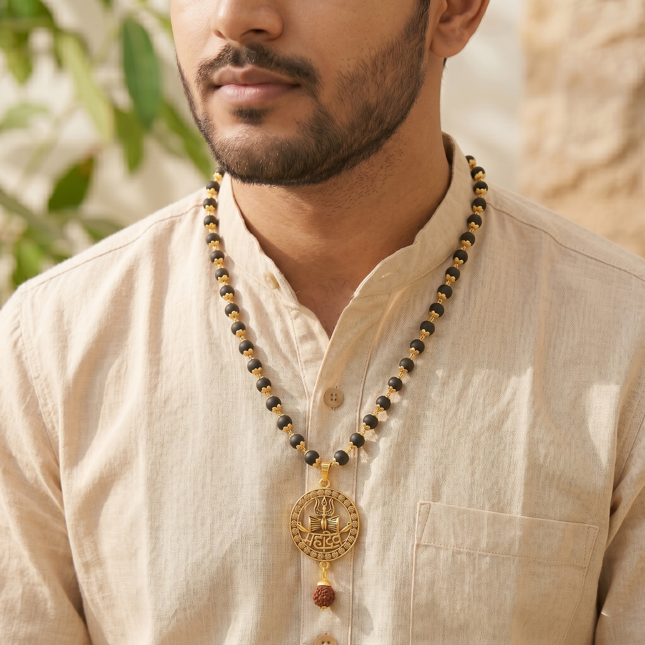 Karungali Gold Capped Mala with Mahadev Trishul Damru Round Gold Pendant