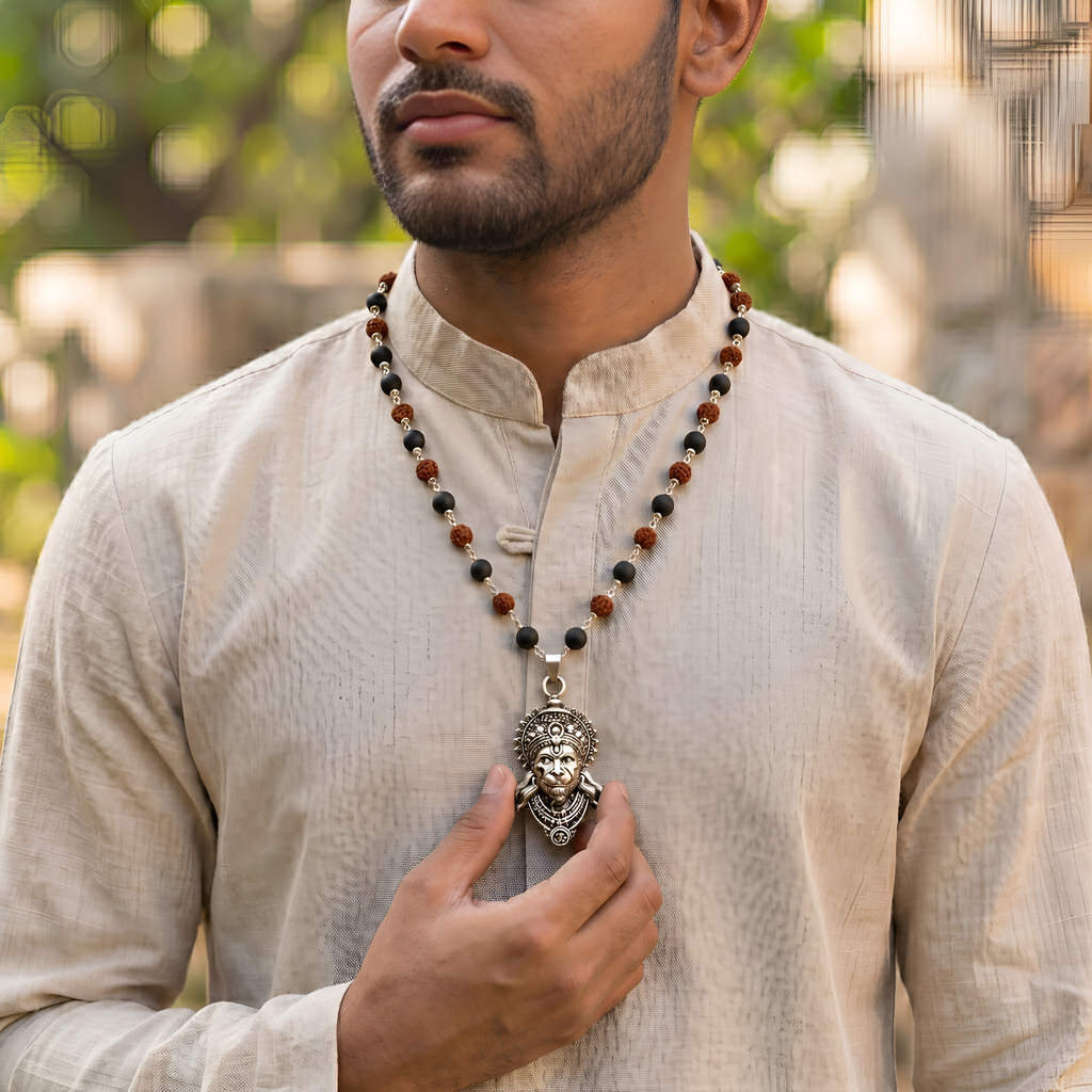 Karungali & Rudraksha Silver Capped with Hanuman Ji Face Pendant