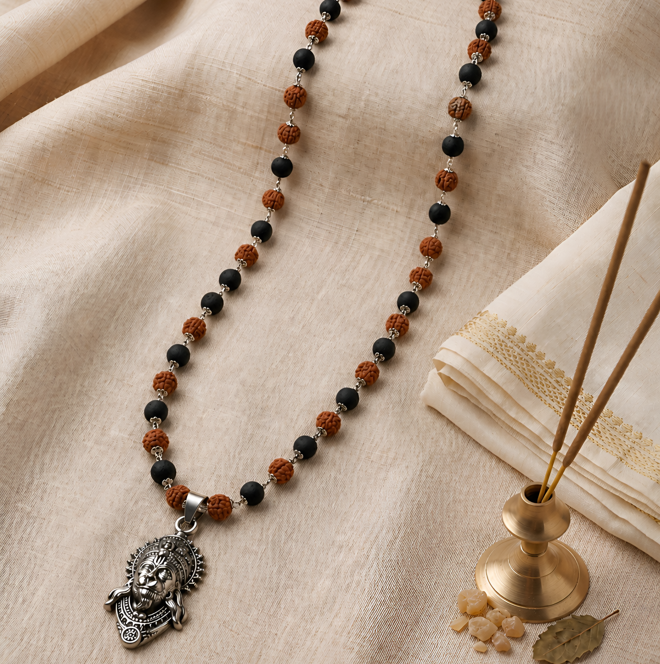 Karungali & Rudraksha Silver Capped with Hanuman Ji Face Pendant