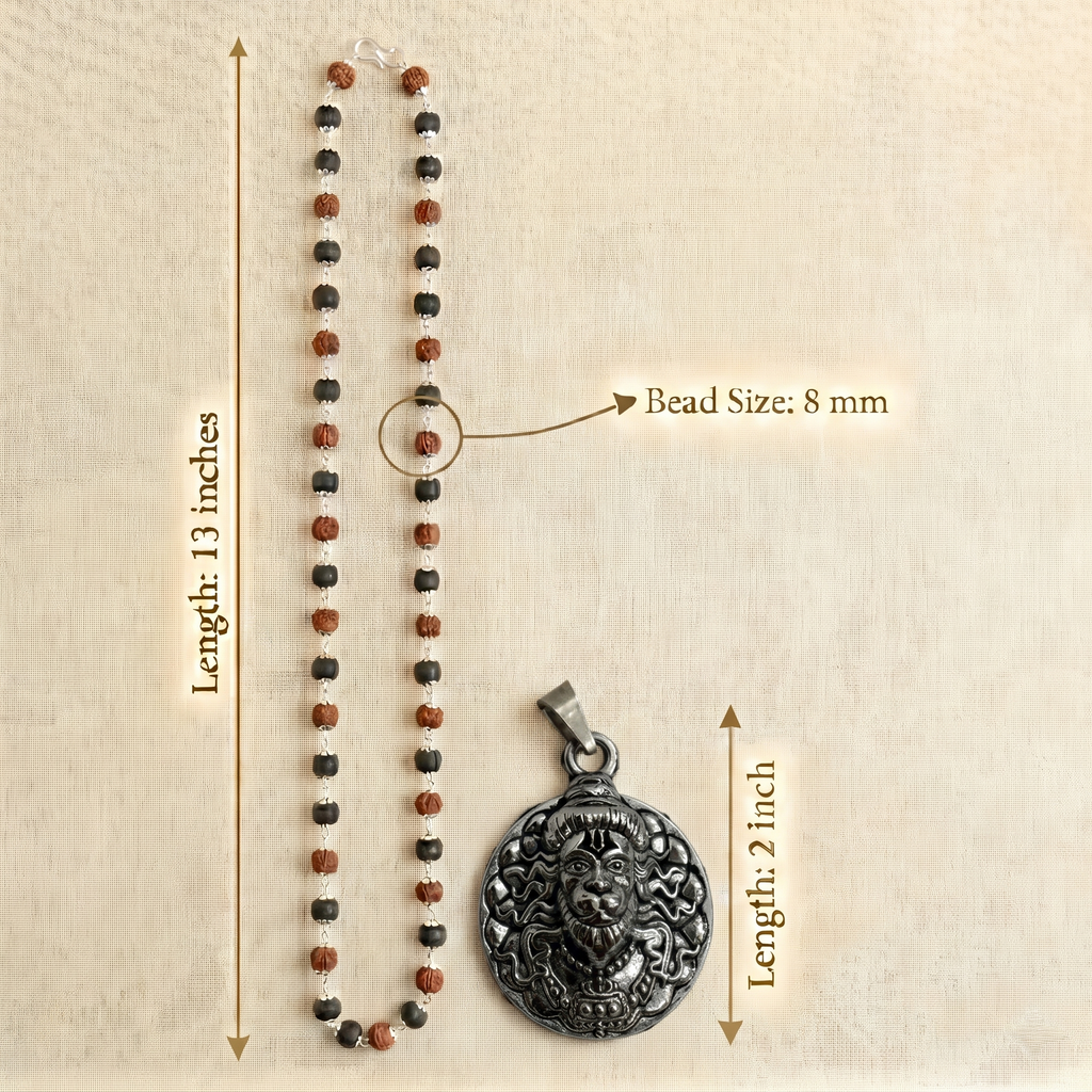 Karungali & Rudraksha Silver Capped with Hanuman Ji Face Round Silver Pendant