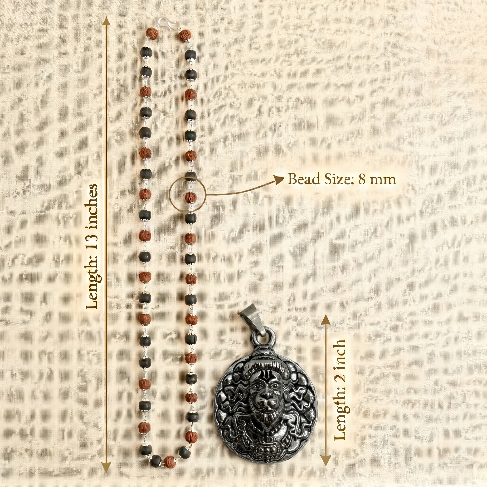 Karungali & Rudraksha Silver Capped with Hanuman Ji Face Round Silver Pendant