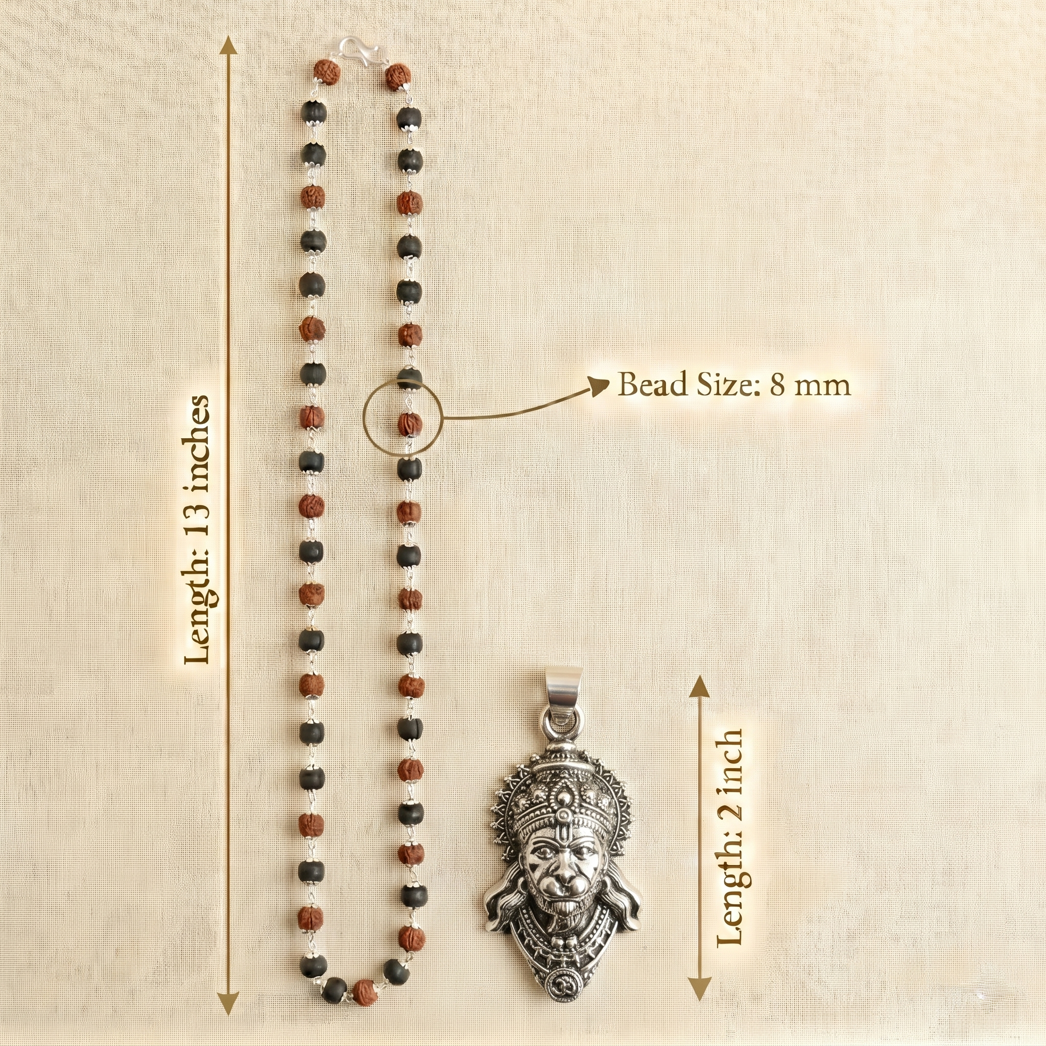 Karungali & Rudraksha Silver Capped with Hanuman Ji Face Pendant