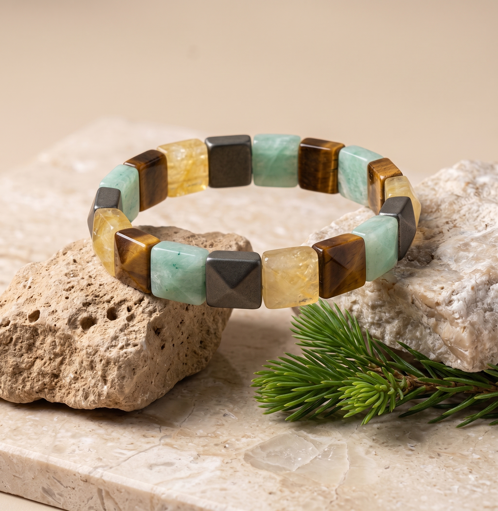 Money Magnet Cubical Band Bracelet – Pyrite, Tiger Eye, Citrine & Aventurine