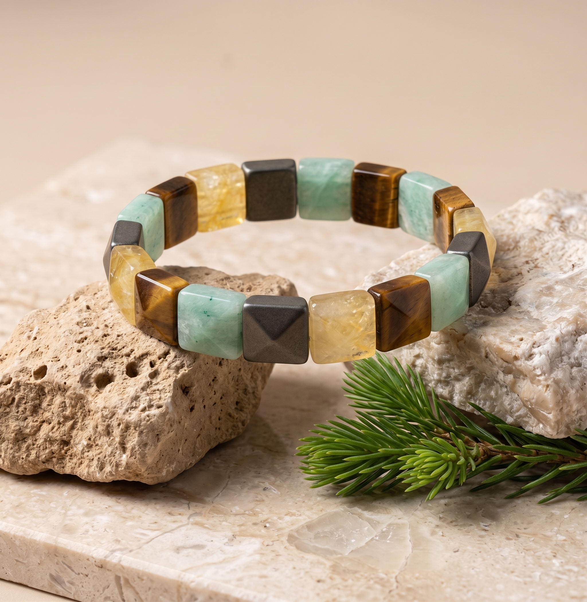 Money Magnet Cubical Band Bracelet – Pyrite, Tiger Eye, Citrine & Aventurine