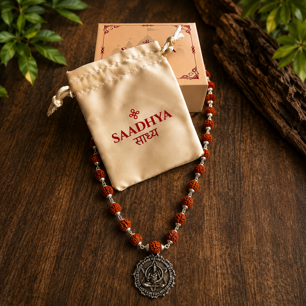 Rudraksha Silver-Capped Mala with Hanuman Dhyan Chakra Pendant